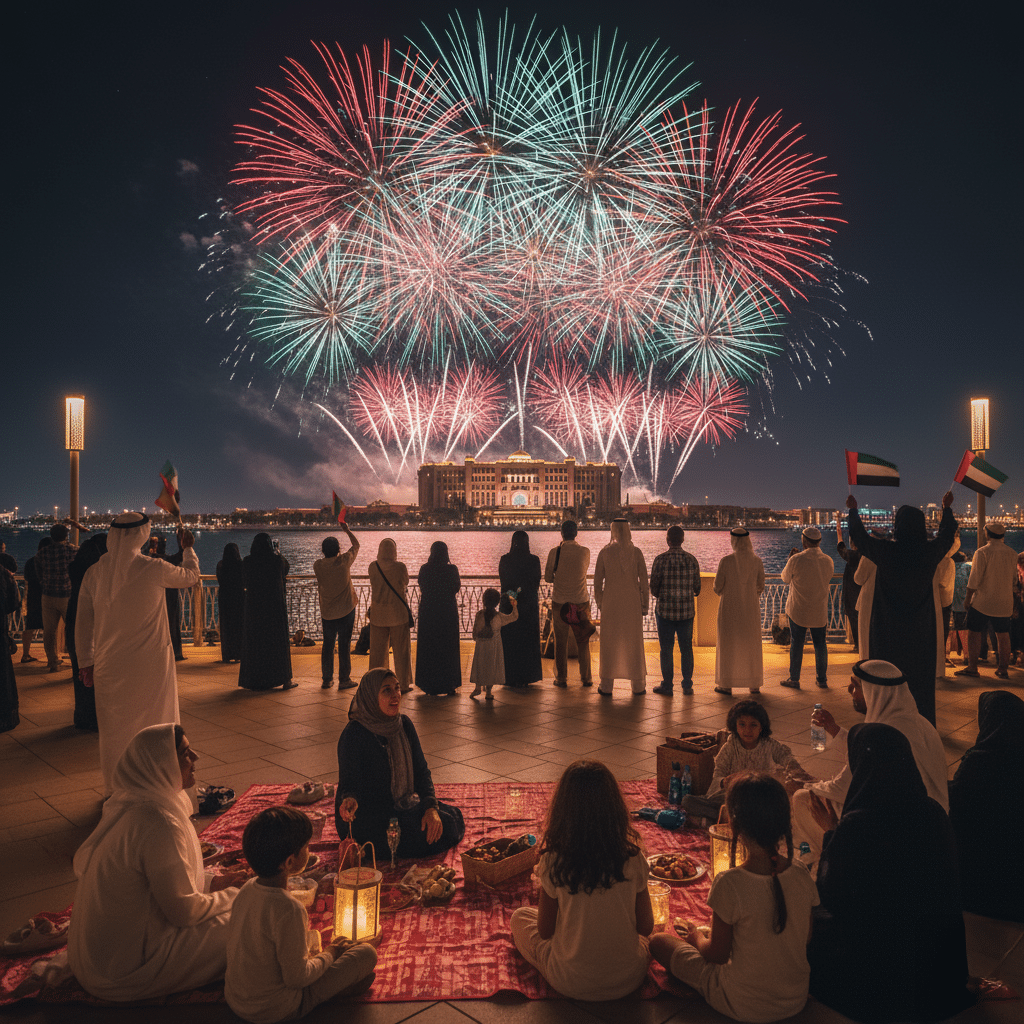 A crowd of people, including families picnicking on a blanket, watch a vibrant fireworks display over a large building with dome and columns at night. Some individuals are holding UAE flags, and festive lanterns are on the ground, enhancing the celebratory atmosphere.
