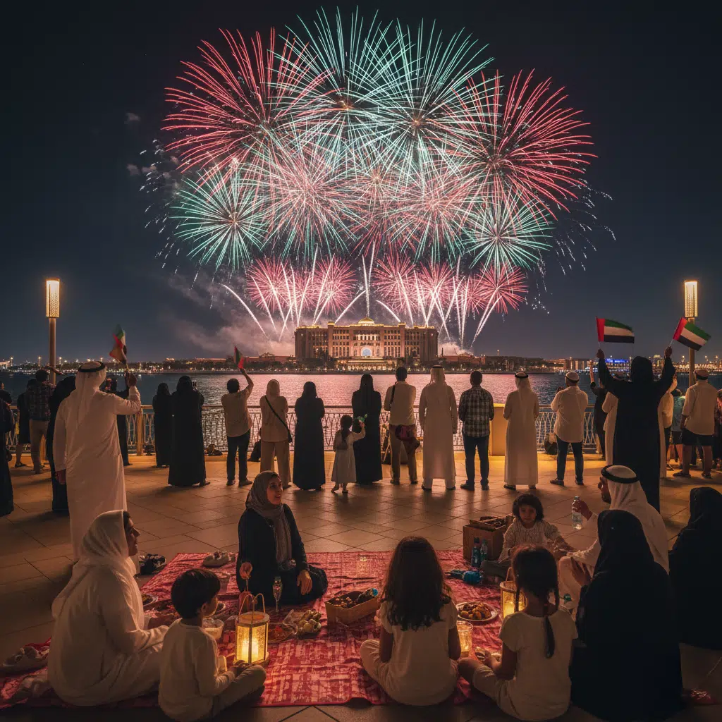 A crowd of people, including families picnicking on a blanket, watch a vibrant fireworks display over a large building with dome and columns at night. Some individuals are holding UAE flags, and festive lanterns are on the ground, enhancing the celebratory atmosphere.