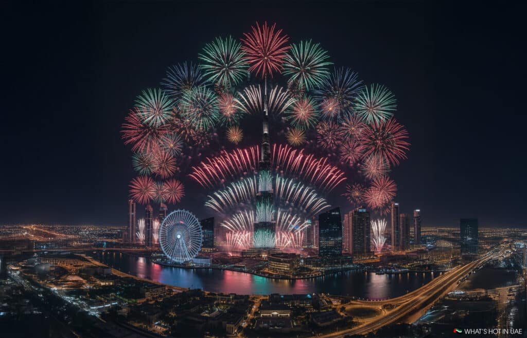 Vibrant fireworks illuminate the night sky over a futuristic cityscape with a large Ferris wheel by the waterfront.