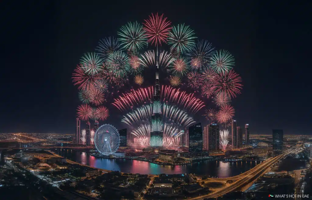 Vibrant fireworks illuminate the night sky over a futuristic cityscape with a large Ferris wheel by the waterfront.