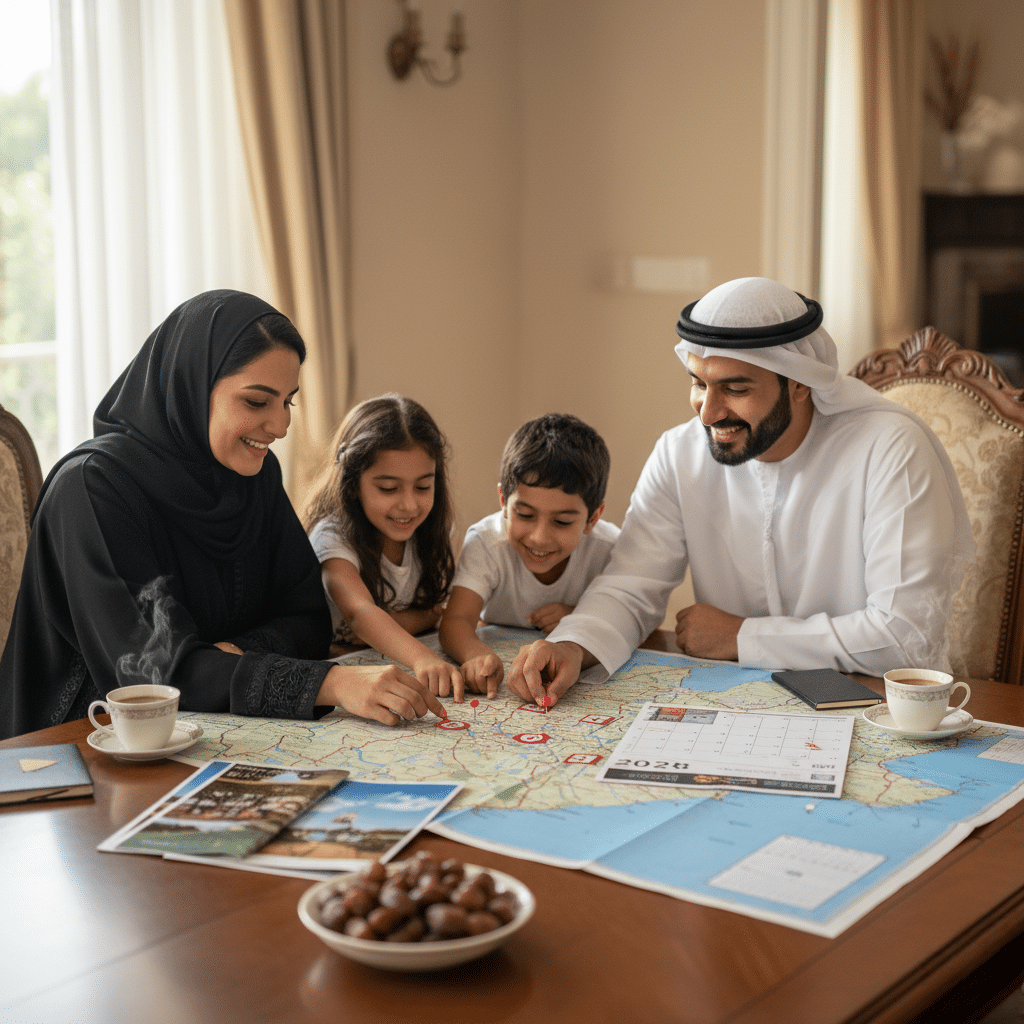 UAE Public Holidays 2026: A family of four, including a man and woman in traditional clothing, sits around a table looking at a map. Two children, a boy and a girl, are also engaged with the map. Cups of coffee and a bowl of dates are on the table.