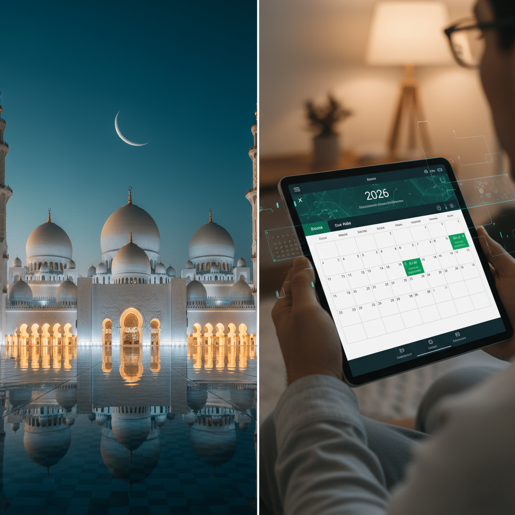 A split image with a beautiful mosque featuring domes and minarets under a crescent moon on the left, and a person using a digital calendar on a tablet computer dated 2026 on the right.