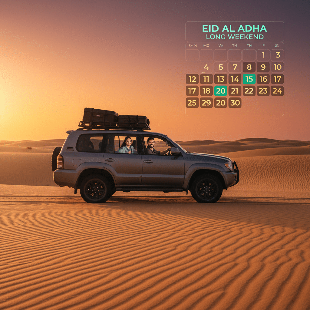 UAE Public Holidays 2026: Two people driving an SUV across a desert at sunset, with a calendar highlighting Eid Al Adha and a long weekend in June displayed in the sky.