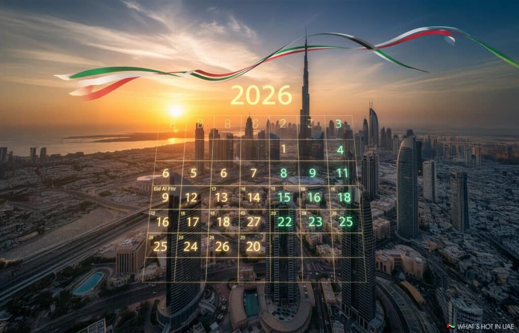 A calendar for 2026 overlaid on a scenic aerial view of Dubai's skyline at sunset, with prominent skyscrapers and a ribbon in the colors of the UAE flag arching across the sky.