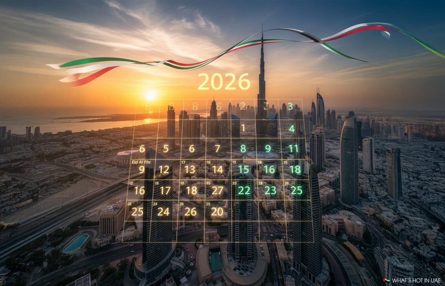 A calendar for 2026 overlaid on a scenic aerial view of Dubai's skyline at sunset, with prominent skyscrapers and a ribbon in the colors of the UAE flag arching across the sky.