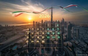 A calendar for 2026 overlaid on a scenic aerial view of Dubai's skyline at sunset, with prominent skyscrapers and a ribbon in the colors of the UAE flag arching across the sky.