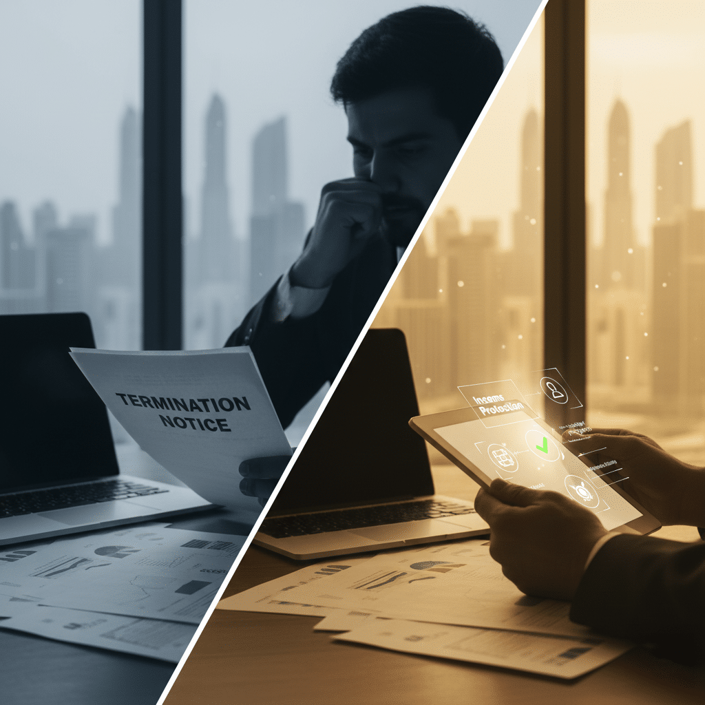 A split image showing a man receiving a termination notice on the left, contrasted with the same man using a tablet with a focus on "Success" on the right, set against a cityscape. UAE Salary Protection Insurance