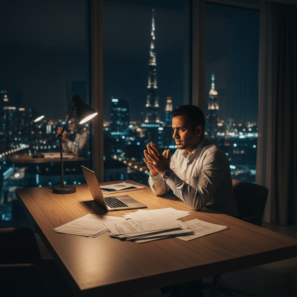 A man sitting at a desk in a high-rise building at night, working on a laptop surrounded by papers, with a city skyline visible through large windows in the background.