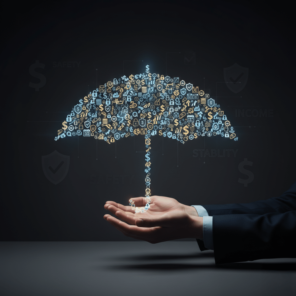 A pair of hands in a business suit supports a digital umbrella composed of various icons representing finance, protection, and security, symbolizing insurance and stability.