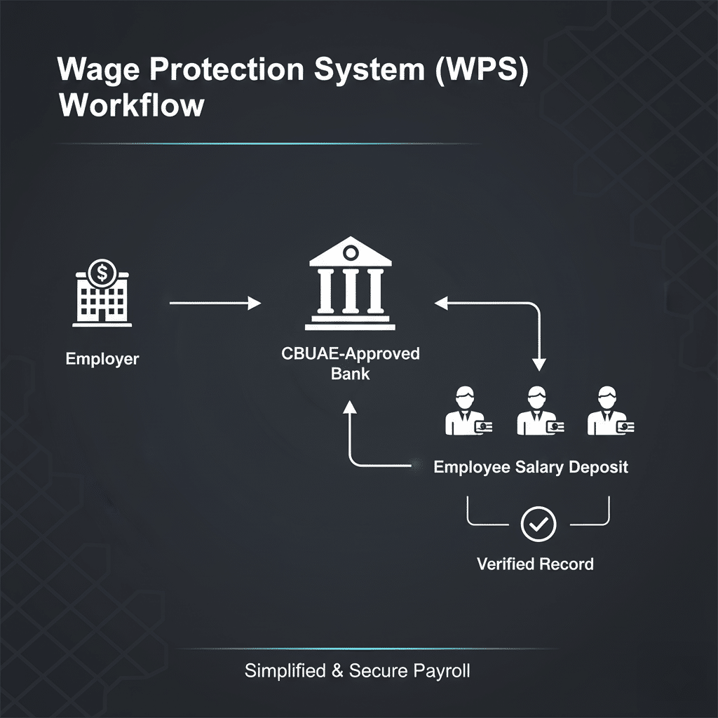 Diagram showing the Wage Protection System (WPS) UAE Salary Protection Insurance workflow, which includes an employer sending salary data to a CBUAE-approved bank, followed by employee salary deposits, and ending with a verified record for simplified and secure payroll.