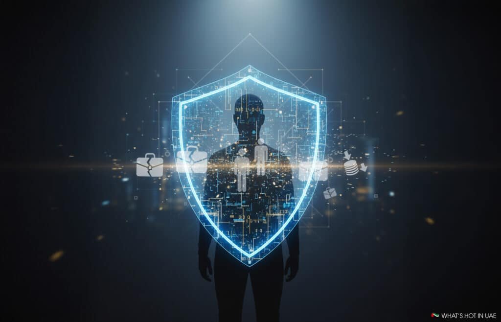 A silhouette of a person standing behind a digital blue shield with technological icons and graphics, symbolizing cybersecurity and protection against threats.