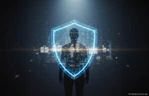 A silhouette of a person standing behind a digital blue shield with technological icons and graphics, symbolizing cybersecurity and protection against threats.