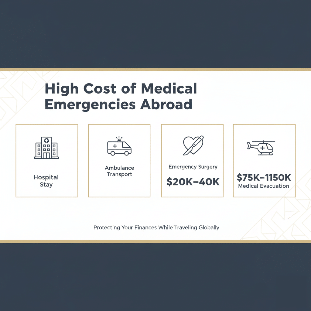 Infographic titled "High Cost of Medical Emergencies Abroad" displaying icons and text: a hospital stay, ambulance transport, emergency surgery costing $20K–40K, and medical evacuation costing $75K–1150K. Caption below reads, "Protecting Your Finances While Traveling Globally."