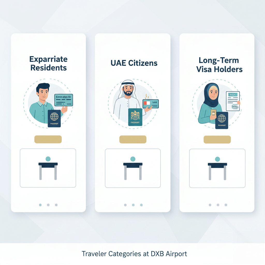 Illustration depicting different traveler categories at DXB Airport: Expats with Emirates ID and passport, UAE citizens with national ID and passport, and long-term visa holders with visa document and passport.