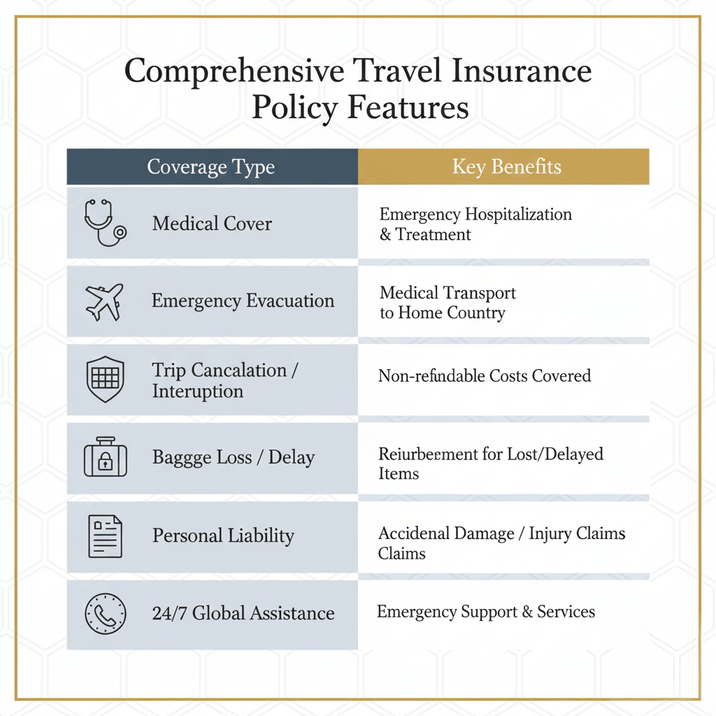 An infographic titled "Comprehensive Travel Insurance Policy Features" showing a table with two columns: Coverage Type and Key Benefits. Coverage types include Medical Cover, Emergency Evacuation, Trip Cancellation/Interruption, Baggage Loss/Delay, Personal Liability, and 24/7 Global Assistance. Key benefits listed are emergency hospitalization and treatment, medical transport to home country, coverage for non-refundable costs, reimbursement for lost/delayed items, accidental damage/injury claims, and emergency support and services. Note that 'Baggage' and 'Reimbursement' are misspelled as 'Baggge' and 'Reiuremeent'.