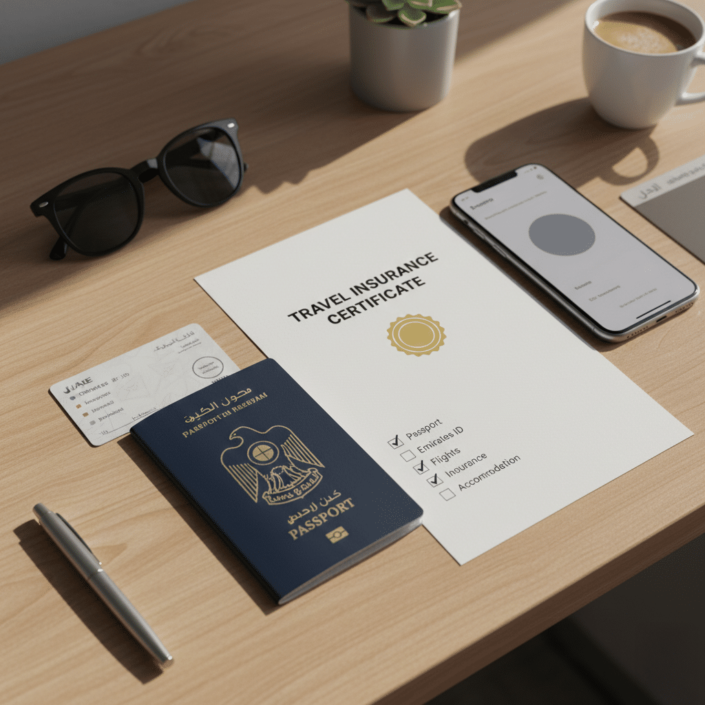 Desktop scene with a travel insurance certificate, a passport with Arabic text, an Emirates ID card, a smartphone, sunglasses, a pen, and a cup of coffee on a wooden table.