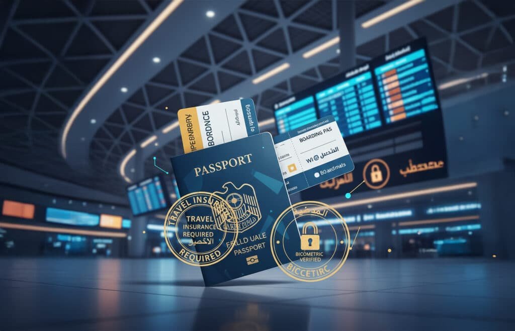 A passport with boarding passes is shown in a futuristic airport setting, accompanied by digital icons indicating travel insurance and biometric verification requirements, with blurred signage and LED screens in the background.