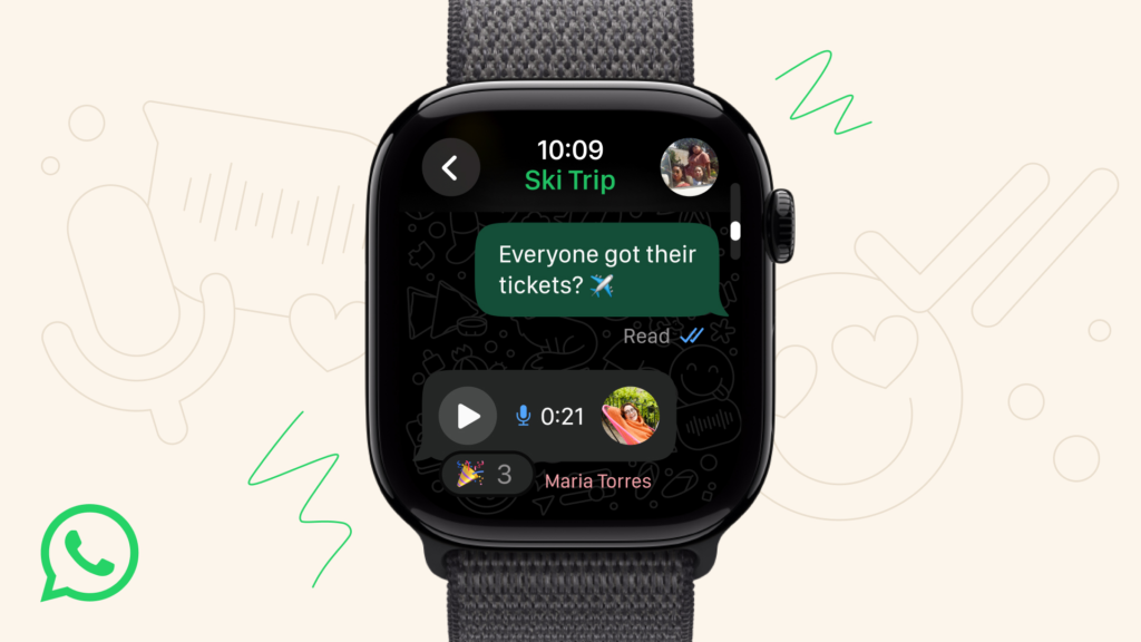 WhatsApp on Apple Watch: A smartwatch screen displaying a WhatsApp group chat named "Ski Trip" with messages about tickets and a voice note.