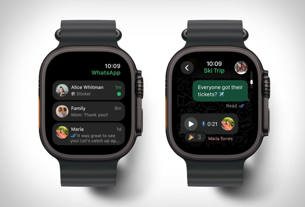 Two smartwatches displaying WhatsApp activity; the left screen shows a list of conversations with names and messages, while the right screen shows a group chat message about tickets, with the option to play a 21-second voice recording.