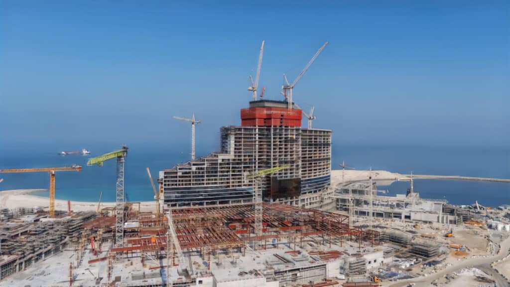 UAE Gaming Market: A large building under construction near the sea, surrounded by multiple cranes and construction equipment.