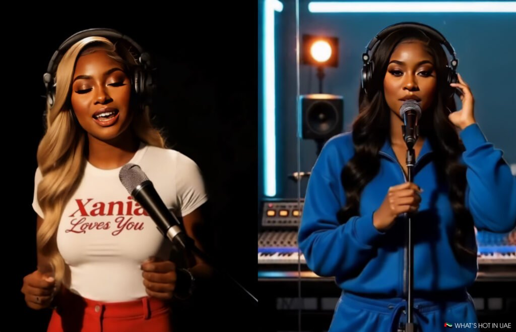 The AI Music Revolution: Two women singing into microphones with headphones on, one wearing a white shirt with red lettering, and the other in a blue outfit, both in a recording studio setting.