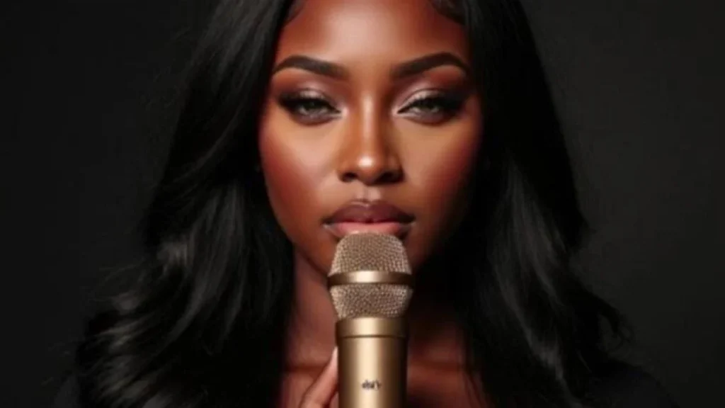 The AI Music Revolution: A woman with long black hair holds a gold microphone close to her lips, looking directly at the camera against a dark background.