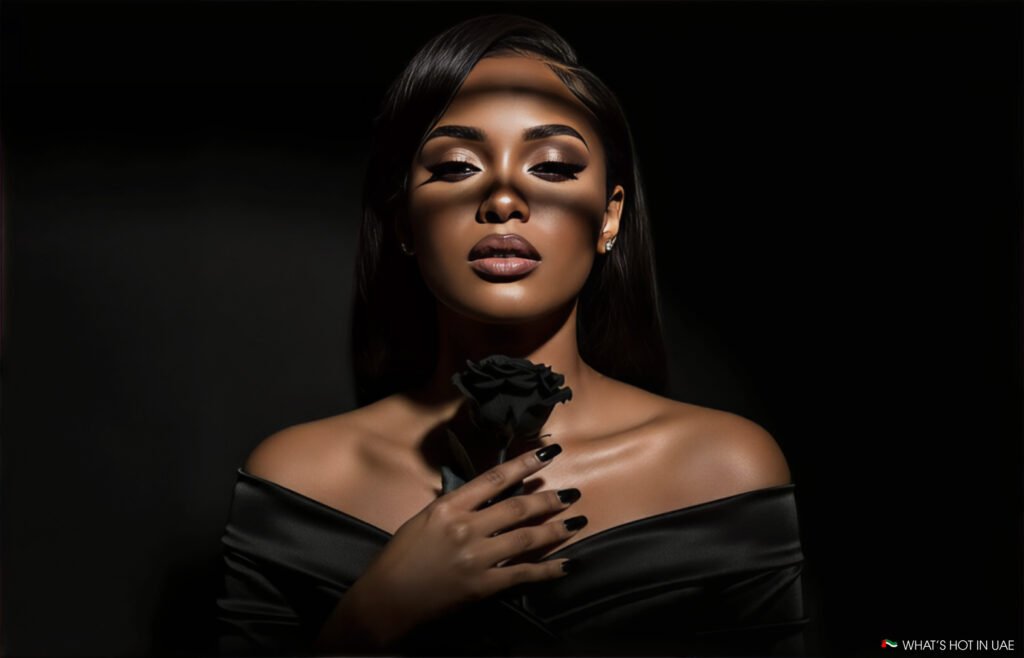 A woman wearing dark makeup and a black off-shoulder top holds a black rose against her chest, set against a dark background with dramatic lighting highlighting her face and hand.