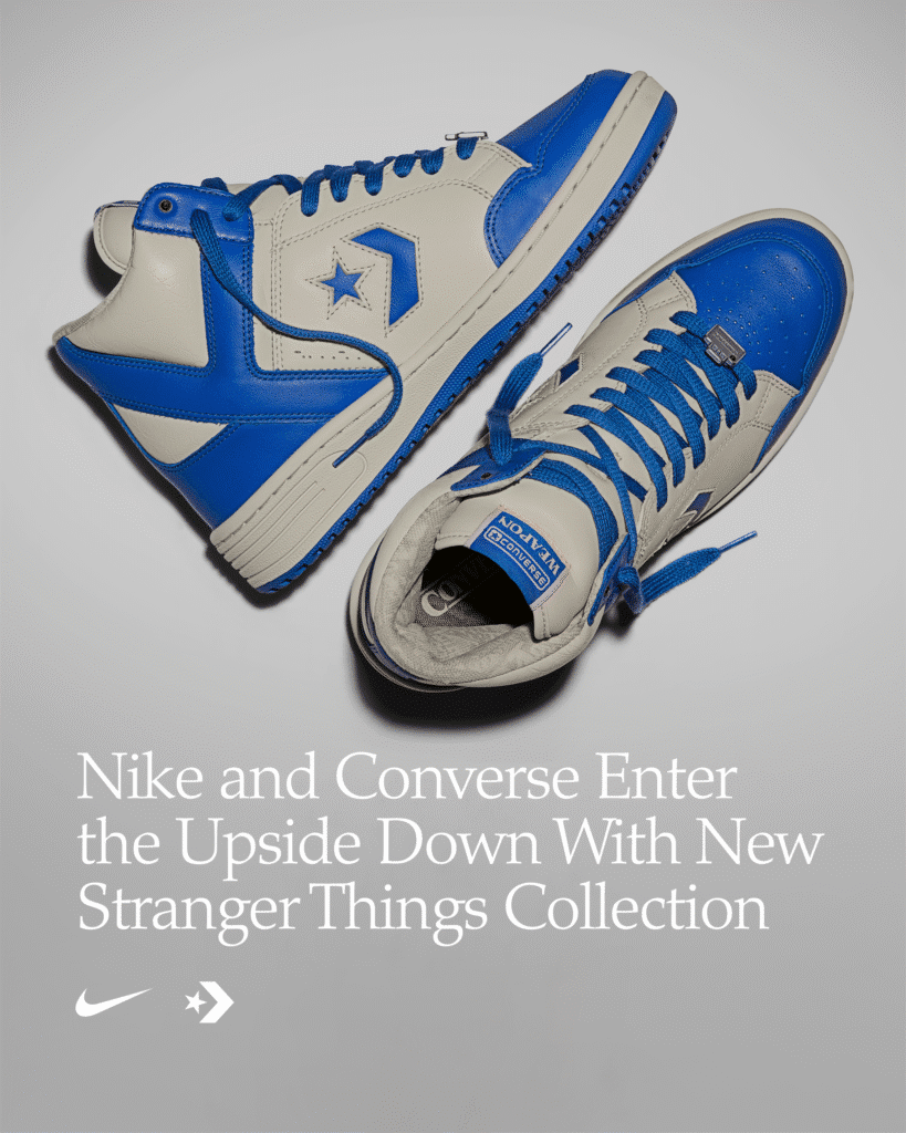 A pair of blue and white high-top sneakers from the Nike and Converse Stranger Things collection, with branding including the Nike swoosh and Converse star, displayed on a light gray background next to text announcing the collaboration.