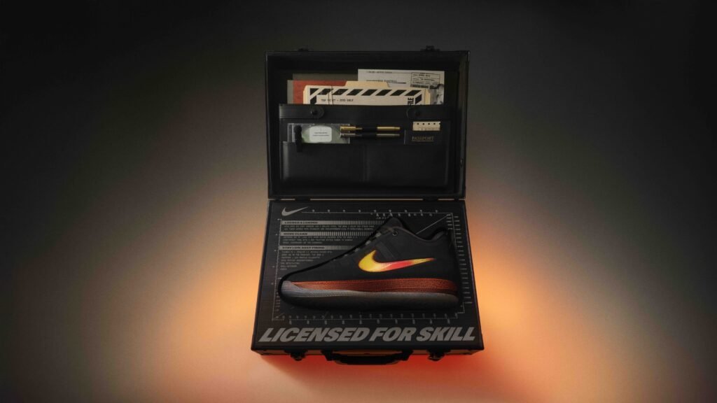 A black shoe with a gradient yellow to red swoosh design is presented inside an open briefcase, surrounded by documents and pens. The base of the briefcase displays the words "LICENSED FOR SKILL" in bold letters, with a glowing orange light illuminating the contents.