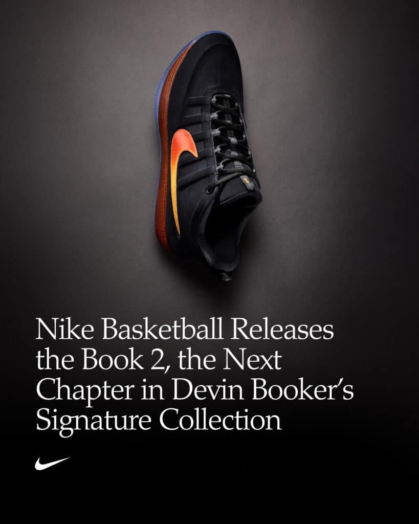 A Nike Book 2 basketball shoe from Devin Booker's signature Nike Book 2 collection, featuring a black design with an orange Nike swoosh, and promotional text about the release.
