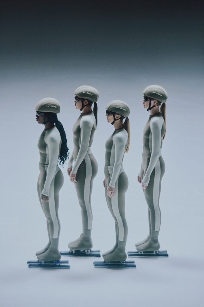 NikeSKIMS Drop 2 Collection: Four speed skaters standing in profile view, wearing beige helmets and form-fitting suits with ice skates, on an ice rink.