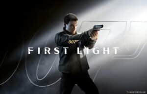 Illustration of a man holding a gun, positioned in a dramatic pose against a dark background with beams of light, with the text '007 First Light' in the foreground.