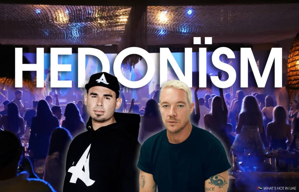 Two DJs featured in front of a vibrant nightclub scene with the word "Hedonism" in large white letters above, and a crowd dancing under colorful lights in the background.