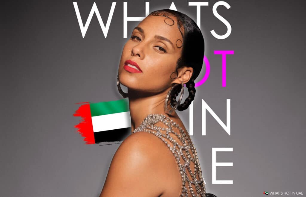 A person wearing glamorous makeup and a detailed, sparkly top, with a UAE flag graphic overlay and text partially visible in the background.