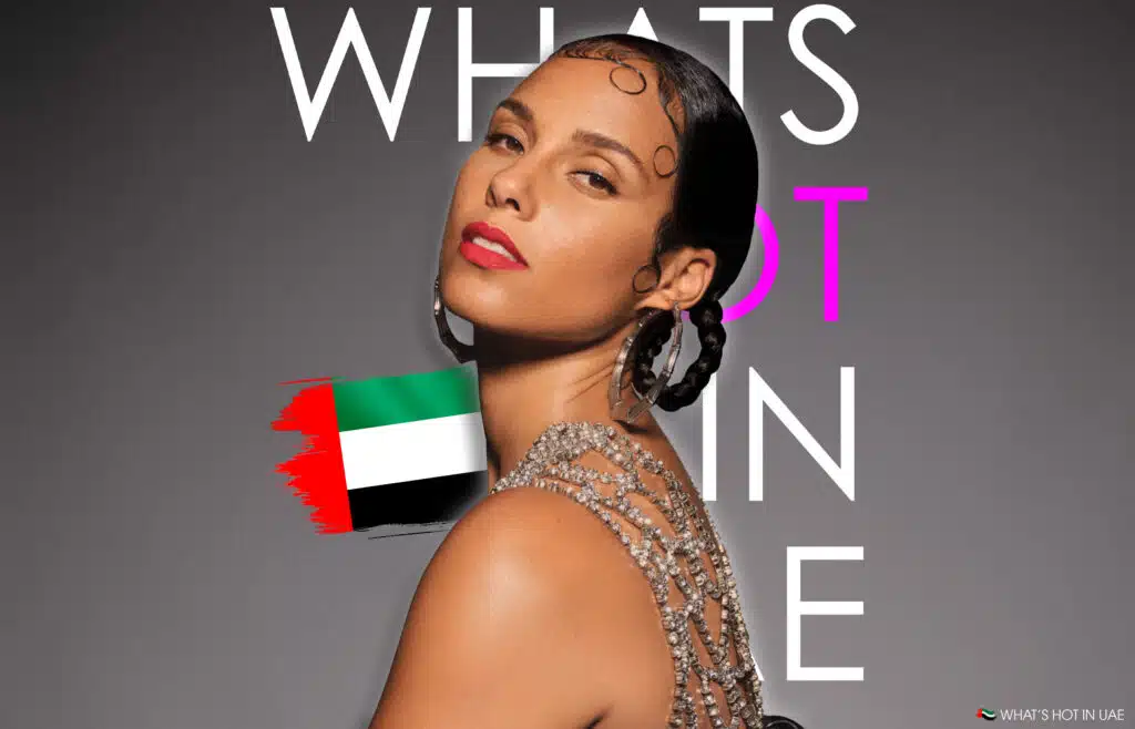 A person wearing glamorous makeup and a detailed, sparkly top, with a UAE flag graphic overlay and text partially visible in the background.