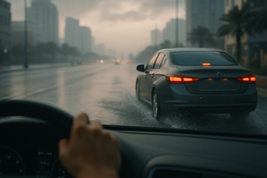View from inside a car of Dubai Drivers vehicle driving on a wet, rainy city street, with tall buildings and palm trees in the blurred background.