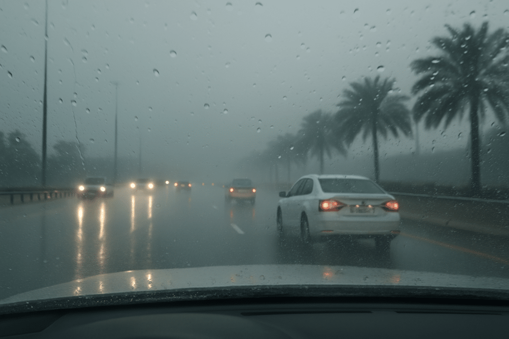 View from a Dubai Drivers car windshield showing rainy weather on a highway with palm trees and several cars driving with headlights on, creating reflections on the wet road surface.