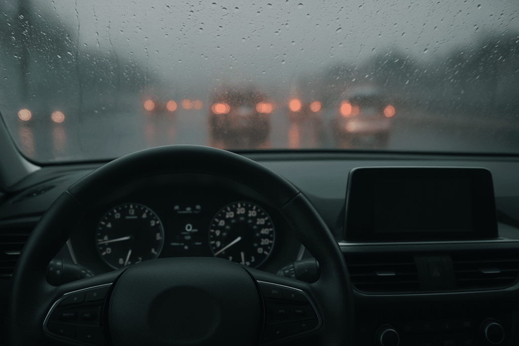View from inside a car with a focus on the steering wheel and Rain-Related Traffic Fines dashboard, looking out at a rainy road with blurry red brake lights visible through a raindrop-covered windshield.