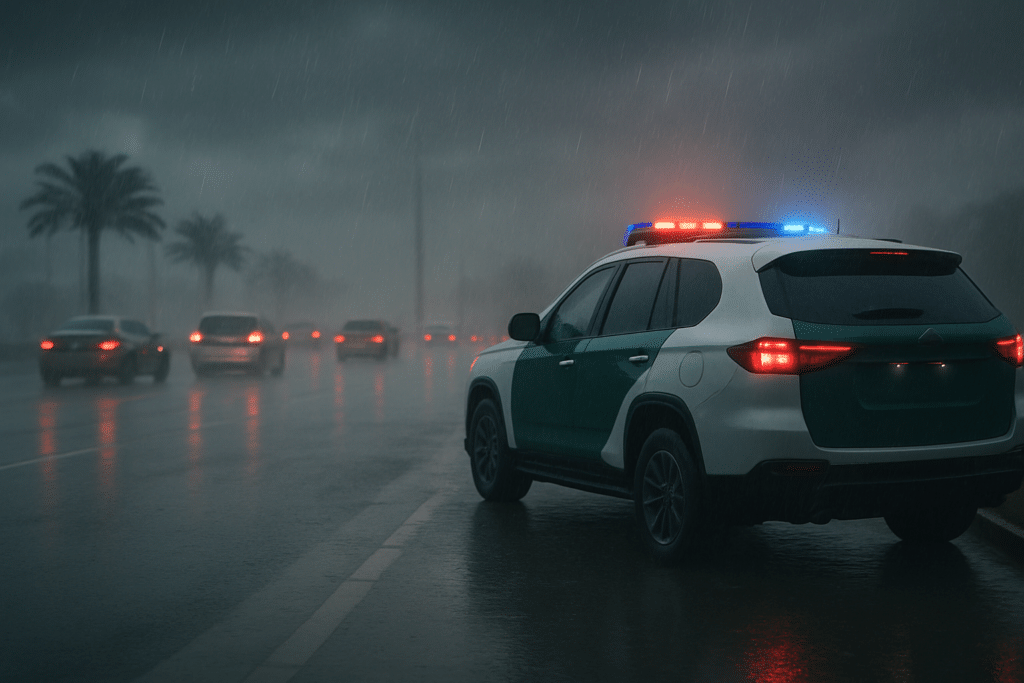 A police SUV with active red and blue lights parked on a rainy road, with other vehicles and palm trees visible in the background.