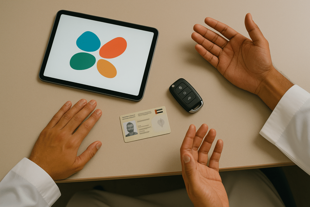 A person wearing a white long-sleeve shirt is seated at a table with a tablet displaying a colorful abstract logo, a card with a blurred face, and a car key. One hand is resting on the table, while the other hand is gesturing above the table.