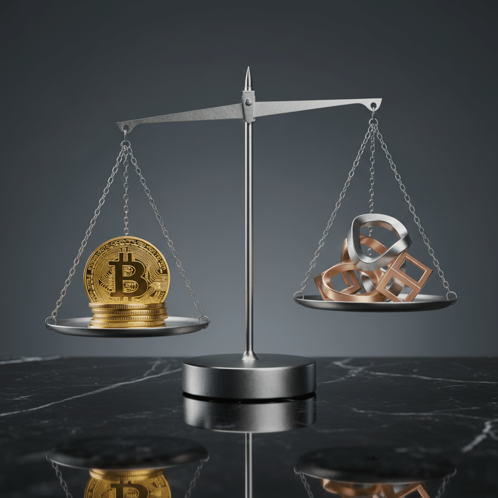 A balance scale with a gold coin featuring a Bitcoin symbol on one side and various geometric shapes on the other side.