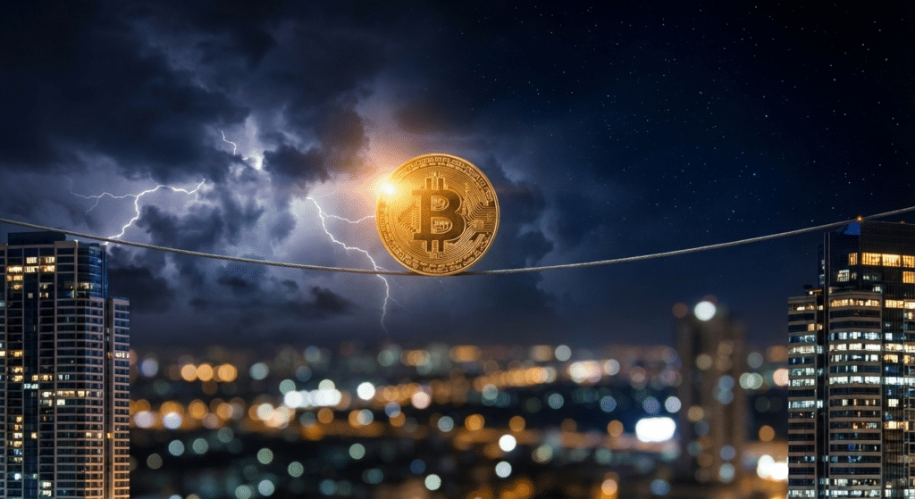 A Bitcoin Price Prediction symbol on a coin balances on a tightrope with a cityscape and stormy sky in the background.