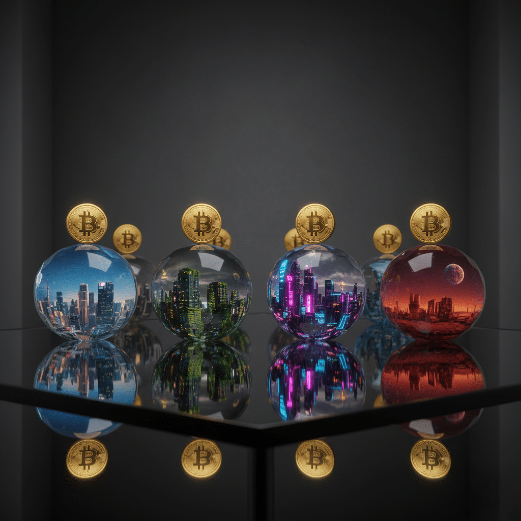Four glass spheres with miniature cityscapes inside, each topped with a Bitcoin coin, are reflected on a shiny surface.