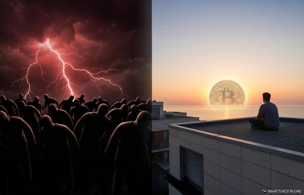A stormy sky with lightning illuminates shadowy figures on the left, while a man sits on a rooftop watching a giant Bitcoin symbol over the sea on the right.