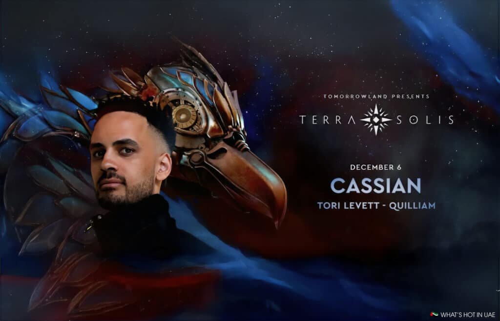 A promotional poster for Tomorrowland Presents: Terra Solis event on December 6, featuring Cassian, with supporting acts Tori Levett and Quilliam. The image includes a stylized portrayal of a person alongside an artistic rendering of a mechanical bird head, set against a cosmic background.