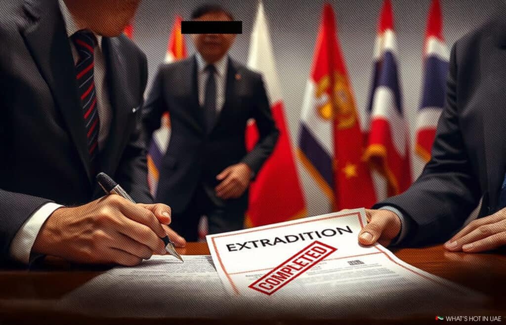 Two people in suits exchange a document labeled "Chinese crypto scammers Extradition Completed" at a table with various national flags behind them.