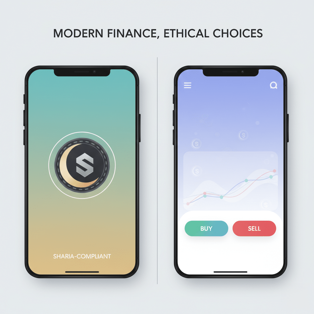 Two smartphones display finance-related apps, with the left screen showing a Sharia-compliant logo on a gradient background, and the right screen depicting a financial trading interface with "BUY" and "SELL" buttons against a graph backdrop.