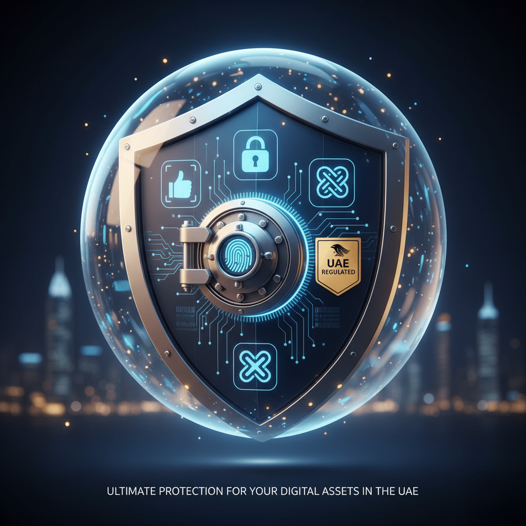 A digital shield with icons of cybersecurity and a UAE regulation badge, symbolizing digital asset protection, set against a blurred cityscape background.