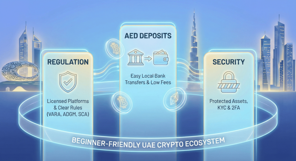 Illustration of the UAE crypto ecosystem featuring three pillars: Regulation, AED Deposits, and Security. The Regulation pillar mentions licensed platforms and clear rules with entities such as VARA, ADGM, and SCA. The AED Deposits pillar highlights easy local bank transfers and low fees, with icons of a bank and wallet. The Security pillar emphasizes protected assets with KYC and 2FA. A backdrop of Dubai's skyline, including skyscrapers and the Museum of the Future, is visible, with the text 'Beginner-Friendly UAE Crypto Ecosystem' at the bottom.