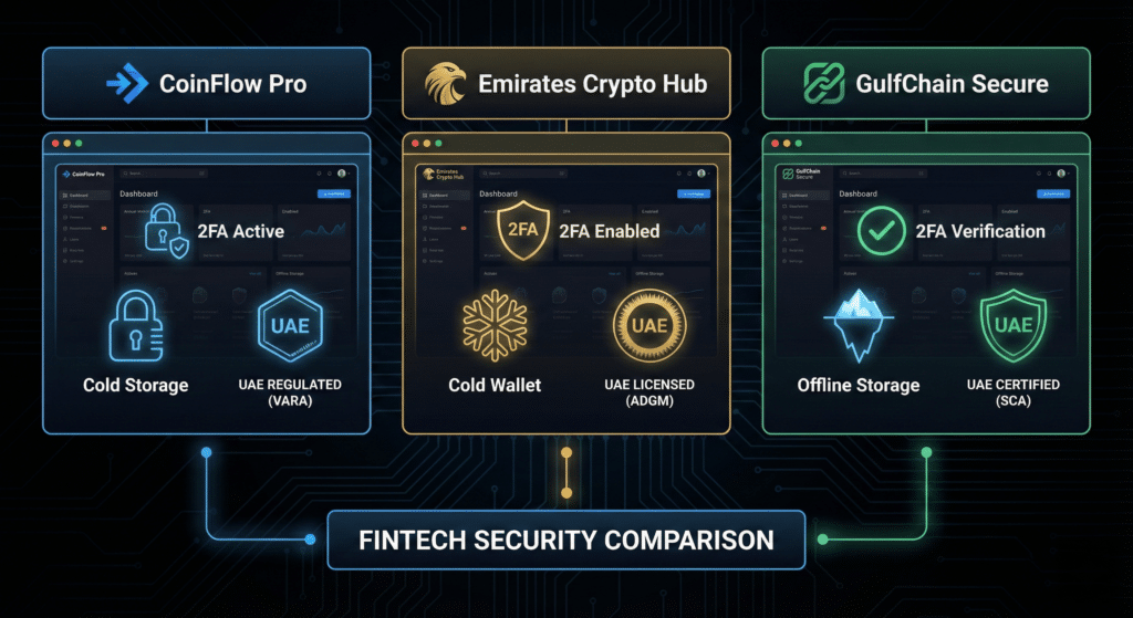 A comparison infographic of three fintech security services: CoinFlow Pro, Emirates Crypto Hub, and GulfChain Secure. CoinFlow Pro features 2FA active, cold storage, and is UAE regulated (VARA). Emirates Crypto Hub includes 2FA enabled, a cold wallet, and is UAE licensed (ADGM). GulfChain Secure offers 2FA verification, offline storage, and is UAE certified (SCA). The text "FINTECH SECURITY COMPARISON" is at the bottom.